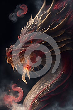 AI generated illustration of a red dragon with fire coming out of mouth and glowing yellow eyes