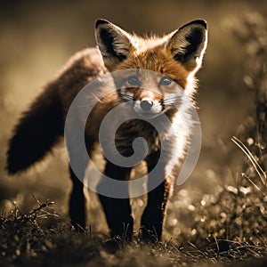 AI generated illustration of A red fox standing in the forest with a blurry background