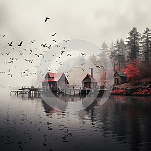AI generated illustration of red houses and birds near water body