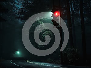 AI generated illustration of a red illuminated traffic light hangs above a dark street