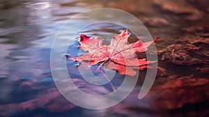 AI generated illustration of a red leaf floating in still water, creating a beautiful reflection