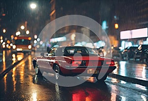 AI-generated illustration of a red muscle car driving in the rain on a busy city street at night