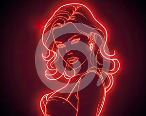 AI generated an illustration of a red neon outline of a woman from the 1960s on a black background