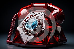 AI generated illustration of a red retro rotary phone on a black background