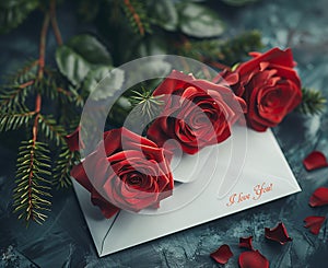 AI-generated illustration of red roses on an envelope with the message: I love you