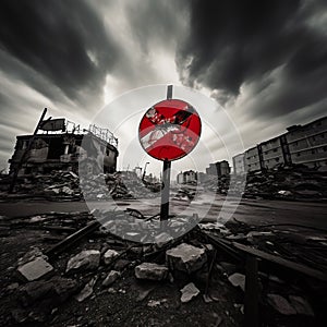 AI generated illustration of a red sign against the backdrop of a destroyed cityscape