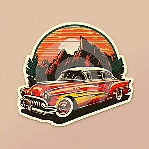 AI generated illustration of a red supercool retro car poster with the background of a high rock photo