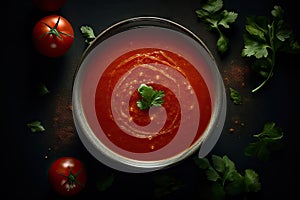 AI generated illustration of a red tomato soup served with greens
