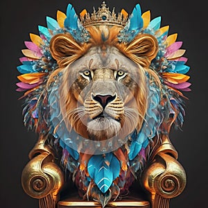 AI generated illustration of a regal lion wearing a crown, seated in an elegant chair