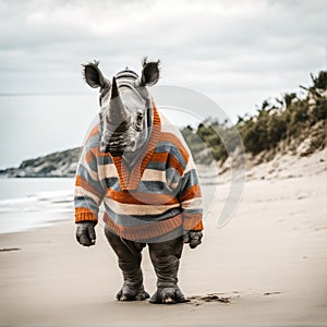 AI generated illustration of a rhino in a sweater on the beach