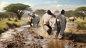 AI generated illustration of rhinoceroses enjoying a playful moment as they frolic in the mud