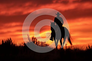 AI generated illustration of a rider on horseback in silhouette against a fiery red sky at sunset