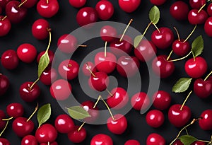 AI generated illustration of Ripe cherries stacked on dark surface