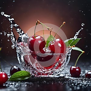 AI generated illustration of Ripe cherries stacked on dark surface