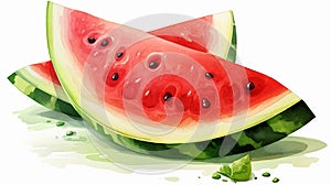 AI generated illustration of a ripe, juicy slice of watermelon sits atop a white surface