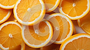 AI generated illustration of ripe oranges cut in half, neatly arranged in a pile