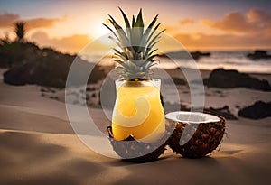 AI generated illustration of a ripe pineapple on the beach with a Pina Colada drink