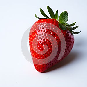 AI generated illustration of a ripe, red strawberry with green leaves isolated on white background