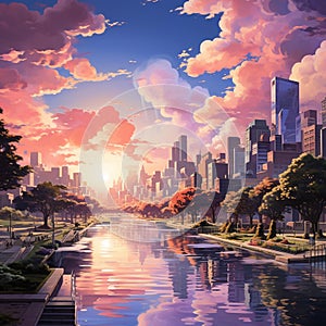AI generated illustration of a river flowing through a fantasy city in vibrant colors