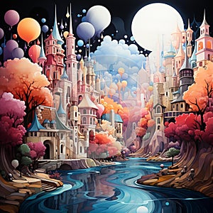 AI generated illustration of a river flowing through a fantasy city in vibrant colors