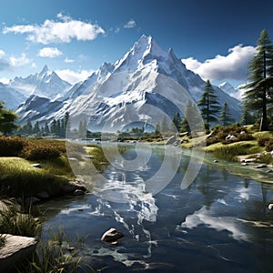 AI generated illustration of a river flowing through a green valley with a snow-capped mountain