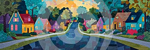 AI generated illustration of a road lined with vibrant houses and trees