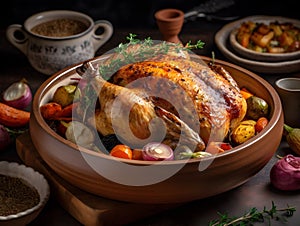AI-generated illustration of a roasted turkey in a ceramic dish filled with seasonal vegetables.