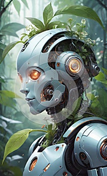 AI generated illustration of a robot into the jungle