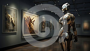 AI generated illustration of a robot standing in a modern art gallery looking at paintings