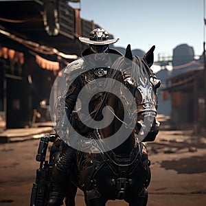 AI generated illustration of a robotic cowboy in a cyberpunk style riding a horse