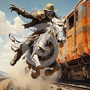 AI generated illustration of robotic cowboy in traditional Western clothing riding a horse