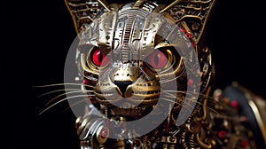 AI generated illustration of a robotic feline with bright red eyes and exposed mechanical components
