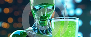 AI generated illustration of a robotic figure with an illuminated glass of an alcoholic cocktail