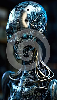 AI generated illustration of a robotic figure with a metallic exterior and illuminated eyes