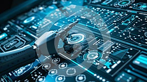 AI generated robotic hand interacting with futuristic digital interface and data system