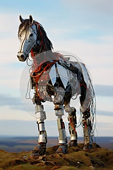 AI generated illustration of a robotic horse atop a mountain against a blue sky