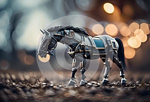 AI generated illustration of a robotic horse in a futuristic setting