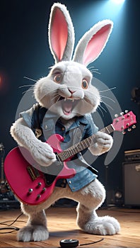 AI generated illustration of a rockstar white rabbit playing a pink electric guitar