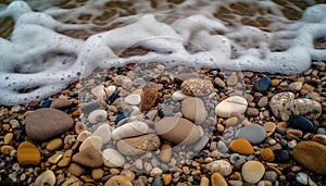 AI generated illustration of a rocky beach shoreline, with ocean waves stretching out in background