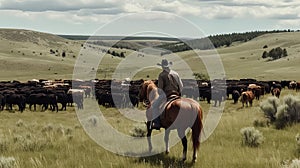 AI generated illustration of a rodeo cowboy on horseback guides a cattle through a green meadow