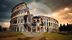 AI-generated illustration of the Roman Coliseum under a stormy, post-apocalyptic sky