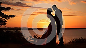 AI generated illustration of A romantic couple silhouetted against a stunning pink sky at sunset