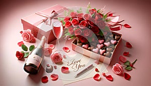 valentine chocolates, rose buds and wine in a small gift box