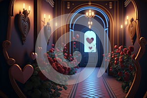 AI generated illustration of a romantic wooden door with a heart, adorned with vibrant flowers