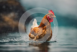 AI generated illustration of a rooster strutting in a shallow pool of cool refreshing water