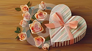 AI generated illustration of a rose bouquet in a decorative box on a wooden table with ribbons
