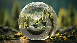 a glass sphere filled with plants and trees on a rock pile