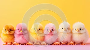 AI-generated illustration of a row of colorful fluffy chickens on a bright yellow background