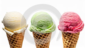 ice cream in cones are in a row on a white background