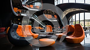 several chairs with orange seats next to an escalator photo